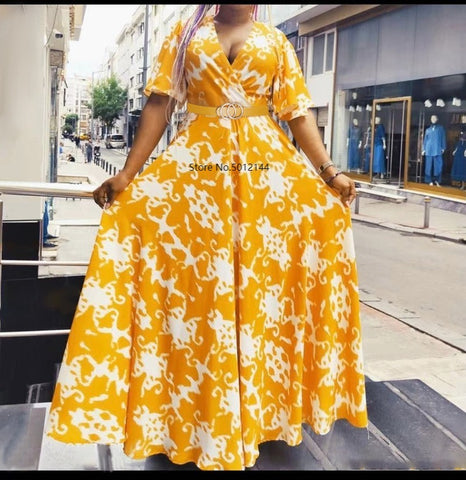 Chiffon Maxi Dress for Women Summer 2023 Elegant Ethnic Print V Neck Ruffle Short Sleeve Empire Swing African Clothing