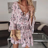 Chiffon Pink Pullover Leisure Vacation Women Dress 2022Summer  Print Three-Quarter Sleeves Casual Ruffled Short Dresses