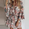Chiffon Pink Pullover Leisure Vacation Women Dress 2022Summer  Print Three-Quarter Sleeves Casual Ruffled Short Dresses