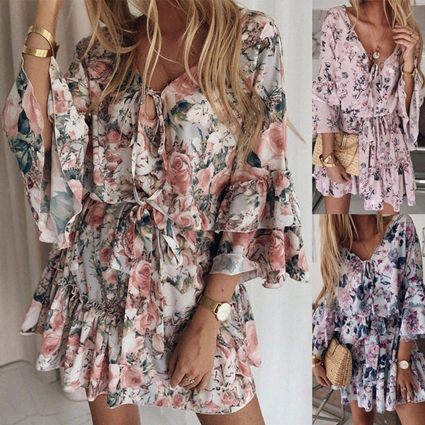 Chiffon Pink Pullover Leisure Vacation Women Dress 2022Summer  Print Three-Quarter Sleeves Casual Ruffled Short Dresses