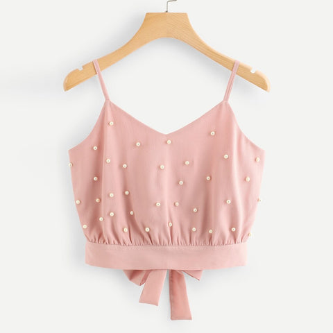 Chiffon Soft Breathable Camisole Sleeveless Solid Color Pearl Beading Bow Crop Top Casual Daily Wearing Summer Tops топик женски