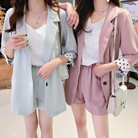Chiffon Two Piece Thin Blazer Suits Spring Summer Shorts Suits Long Sleeve Casual Shorts+Blazers 2 Piece Women's Sets Jacket