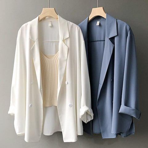 Chiffon Women Blazers Summer Design Lightweight Solid Button Loose Elegant Office Lady All Match Outwear Coats Tops