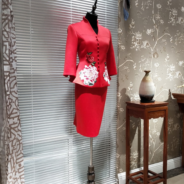 Chinese Embroidered Blazer & Suits High End Handmade Clothing Red Embroidery  Blazers Skirts Suit for Women 2 Pieces Set