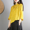 Chinese Style Cotton Linen Shirt Women Yellow Cropped Tops Jacquard National Ethnic Three Quarter Sleeve Casual Womens Blouses
