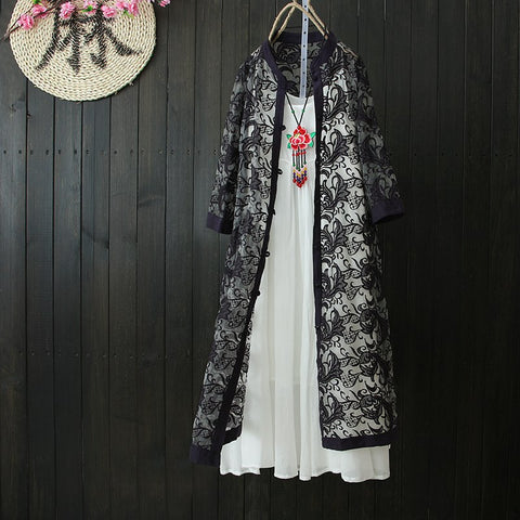 Chinese Style Crochet Lace Cardigan Hollow Out Vintage National Style Plate Button Women Loose Sunscreen Outerwear Long Shirts