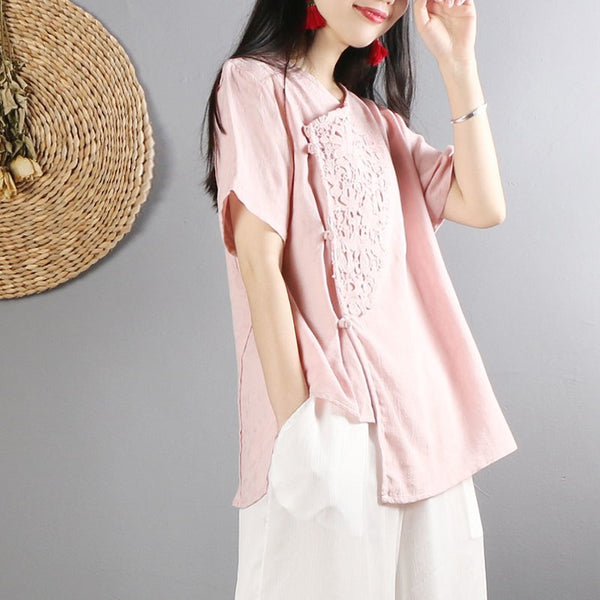 Chinese Style Retro Buckle Cotton And Linen Shirt Female Summer Short-sleeved Loose Embroidery Blouses Women Irregular Top Femme