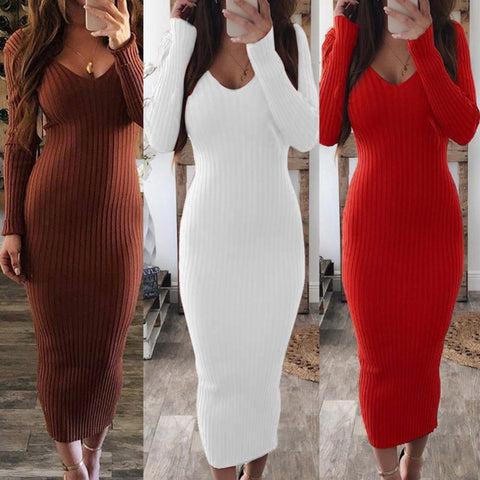Christmas Casual Dresses for Women 2022 Sexy Women Long Sleeve V Neck Backless Ribbed Bodycon Slim Knitted Midi Dress