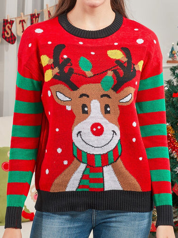 Christmas Winter Pullover Women Casual Deer Knitted Sweater Vintage Loose Long Sleeve Knitwear Female Elegant O-Neck Warm Jumper