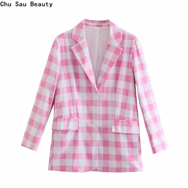Chu Sau Beauty 2022Za Women's Pink Plaid Two-Piece Office Single-Breasted Long Sleeve Suit + Summer Mini Casual Culottes
