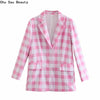 Chu Sau Beauty 2022Za Women's Pink Plaid Two-Piece Office Single-Breasted Long Sleeve Suit + Summer Mini Casual Culottes