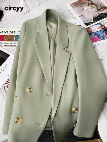 Circyy Blazer Women Office Lady Green Spring Autumn Suits Preppy Coat Clothing Simple Classic Solid Korean Chic Casual