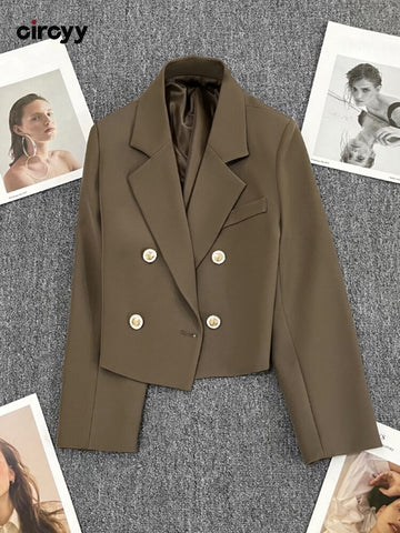 Circyy Blazers for Women Clothing Cropped Jacket Casual Double Breasted Office Lady Chic Coffee Coat Notched Collar Pockets 2023