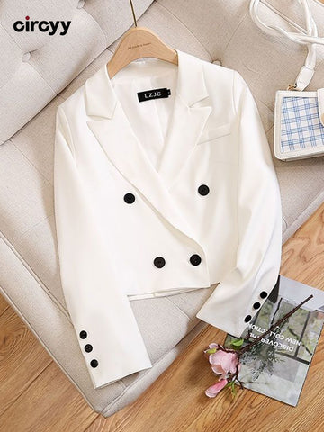 Circyy White Short Blazer Women Coat Office Lady Korean Chic Spring Autumn Suit Pockets Vintage Simple Casual Clothing