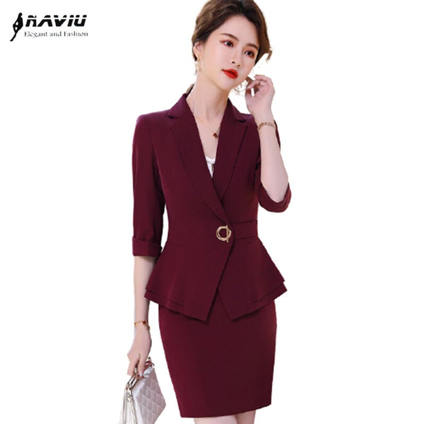 Claret Suits Women 2022 Summer Temperament Slim Formal Half Sleeve Blazer And Skirt Office Ladies Business Work Wear
