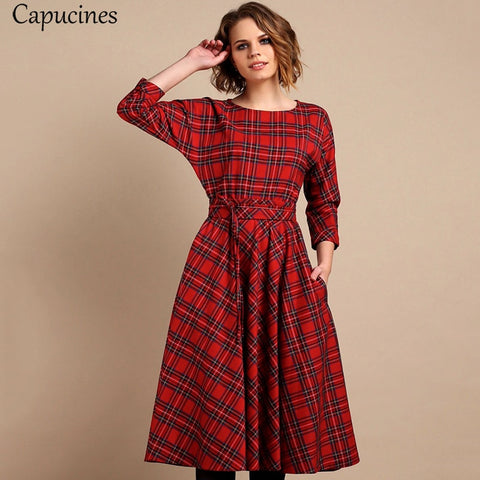 Classic England Style Red Plaid Dress Women Autumn 3/4 Sleeves O-Neck Sashes A-Line Casual Dress Vintage Midi Party Dresses