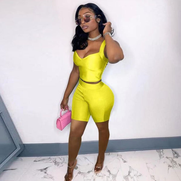 Classic Solid Two Piece Set Women Casual Concise Plunging V-neck Sleeveless Corset Tops and Bandage Skinny Biker Shorts