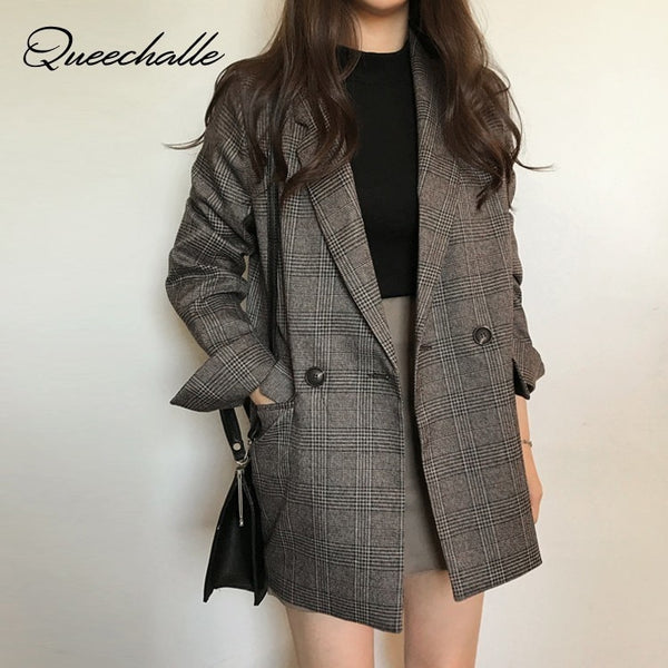 Coffee Gray Plaid Suit Blazer Women 2023 Spring Autumn Office Lady Formal Notched Loose Jacket Coat Long Sleeve Blazer Outerwear