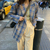 ColdYingan Vintage Loose Women Plaid Blazer Spring Chic Double Breasted Female Long Sleeve Suit Jackets Stylish Ladies Blazer