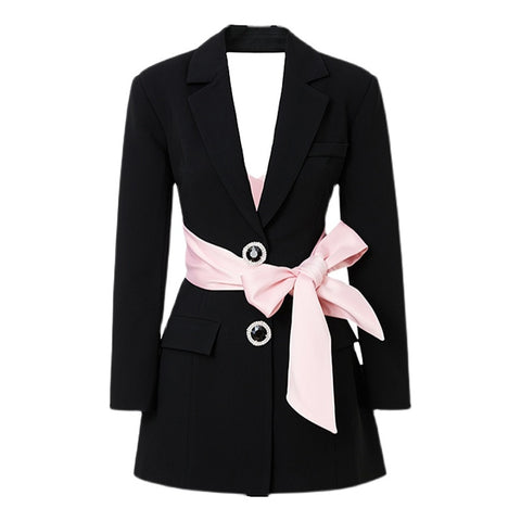 Colorblock Casual Women Autumn Coat Notched Long Sleeve Patchwork Diamond Slim Female Blazer Backless Hit Color Bowknot Lace-up
