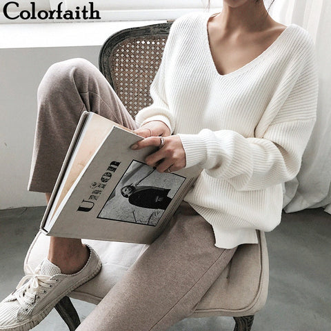 Colorfaith New 2019 Autumn Winter Women's Sweaters V-Neck Minimalist Tops Fashionable Korean Style Knitting Casual Solid SW8112