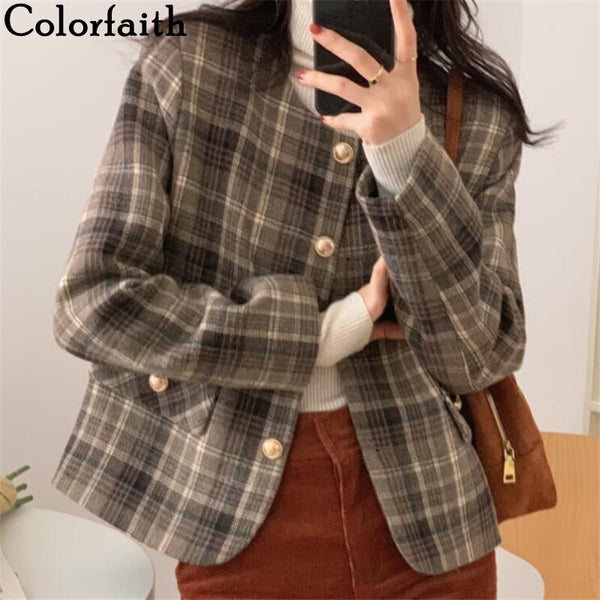 Colorfaith 2022 Autumn Winter Women's Blazers Casual Pockets Checkered Jackets Outerwear Plaid Wild Lady Short Tops JK7361