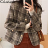 Colorfaith 2022 Autumn Winter Women's Blazers Casual Pockets Checkered Jackets Outerwear Plaid Wild Lady Short Tops JK7361