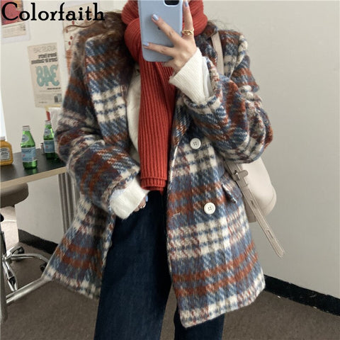 Colorfaith 2022 Autumn Winter Women's Blazers Jackets Fashionable Vintage Checkered Oversized Thicken Woolen Tops JK66126