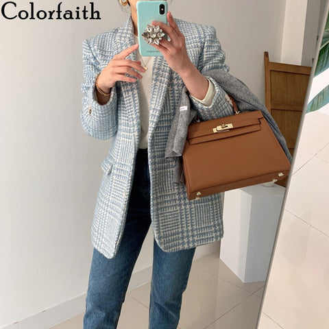 Colorfaith 2022 Autunm Winter Women Blazers Vintage Formal Jackets Checkered Outerwear Lace Up Office Oversized Tops JK55966