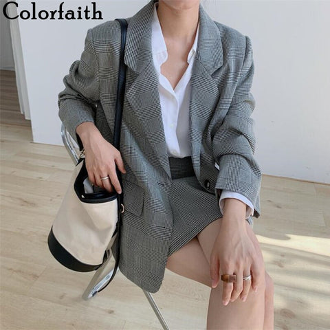 Colorfaith 2022 Spring Autumn Women's Blazers Jackets Fashionable Vintage Oversized Elegant Lady Wild Checkered Tops JK9587