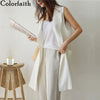 Colorfaith 2022 Summer Women's Blazers Casual Jacket Vest One Button Cotton and Linen Pockets Split Wild Midi Tops JKV8070