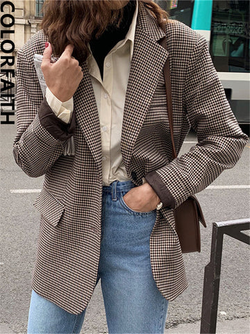 Colorfaith 2023 Fashionable Vintage Oversized Elegant Lady Wild Autumn Winter Women's Blazers Jackets Checkered Tops JK0276