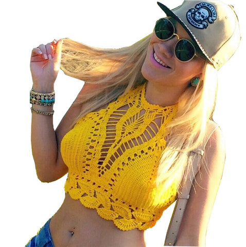 Bright Yellow Women Halter neck Floral Lace Crochet Bralet Crop Top Bra Cami Tank Tops Beachwear Cover Up Free Drop Ship