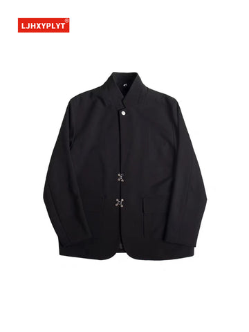 Commute Thin Black Stand Collar Suit Jacket Women Autumn Chinese Design Simple Style Casual Loose Long Sleeve Blazer Coat Female