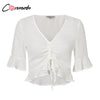 White Chiffon Blouse Shirt Red Half Flare Sleeve Casual Women Blouse V Neck Sexy Short Blouse Shirt Top