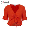 White Chiffon Blouse Shirt Red Half Flare Sleeve Casual Women Blouse V Neck Sexy Short Blouse Shirt Top