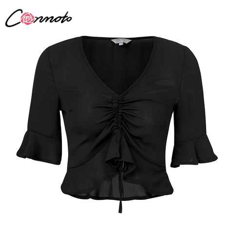 White Chiffon Blouse Shirt Red Half Flare Sleeve Casual Women Blouse V Neck Sexy Short Blouse Shirt Top