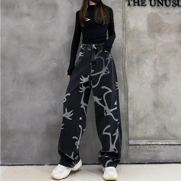 Cool Print Loose Jeans Funny Boyfriend Jean Women Jeans Hip Hip Pants High Waist Cargo Jeans Cool Stright Black Trousers Female