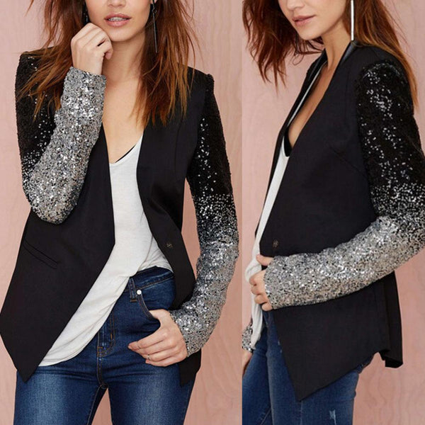Cool Women Sequined Blazer Coat Jacket Single Buckle Long Sleeve  Suit jacket women	for women's clothing