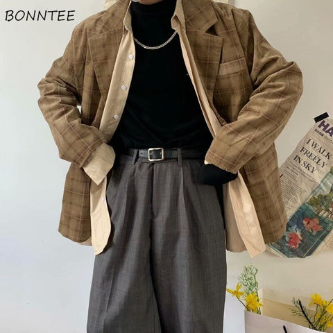 Corduroy Blazers Women Plaid Notched Vintage All-match Casual Stylish Female Outwear College Cozy Ulzzang Minimalist Leisure New
