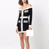 Cosmicchic 2022 Autumn Off shoulder Pencil Hugging Dress Patchwork Slash Neck Long Sleeve High Waist Slim Mini Knitted Dresses