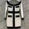 Cosmicchic 2022 Autumn Off shoulder Pencil Hugging Dress Patchwork Slash Neck Long Sleeve High Waist Slim Mini Knitted Dresses