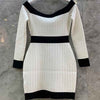 Cosmicchic 2022 Autumn Off shoulder Pencil Hugging Dress Patchwork Slash Neck Long Sleeve High Waist Slim Mini Knitted Dresses