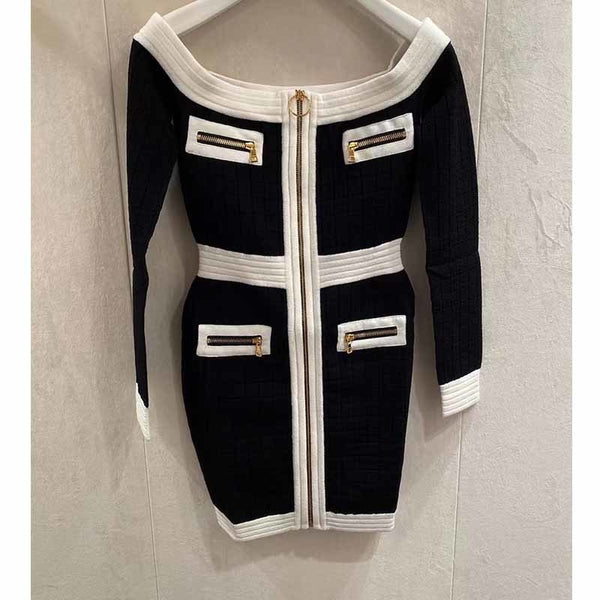Cosmicchic 2022 Autumn Off shoulder Pencil Hugging Dress Patchwork Slash Neck Long Sleeve High Waist Slim Mini Knitted Dresses
