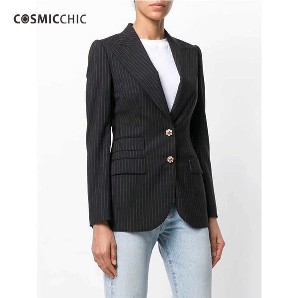 Haute Couture Women Striped Jacket Rose Print Silk Lining Long Sleeve Blazer gem Button Designer Elegant Blazer LY224