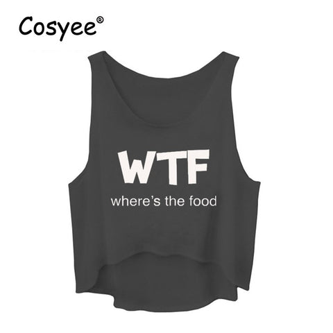 Brand WTF where is the food Letter Print Women's Fashion Sleeveless O Neck Camis Famale Hipster Gray Vest Crop Tank Tops
