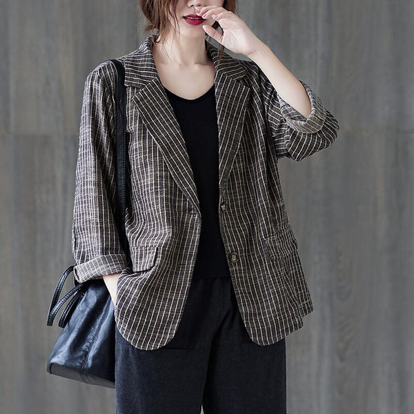 Cotton And Linen Striped Suit Jacket Ladies Spring 2022 Retro Loose Large Size Casual Blazer Single Breasted Shirt Top zh187