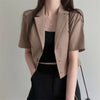 Cotton Linen Cropped Shirt Women 2023 Summer Korean Style Short Sleeve Crop Tops Girls Elegant Brown Women Blazer Spring