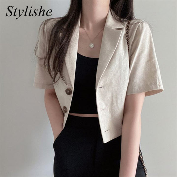 Cotton Linen Cropped Shirt Women 2023 Summer Korean Style Short Sleeve Crop Tops Girls Elegant Brown Women Blazer Spring