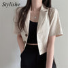 Cotton Linen Cropped Shirt Women 2023 Summer Korean Style Short Sleeve Crop Tops Girls Elegant Brown Women Blazer Spring